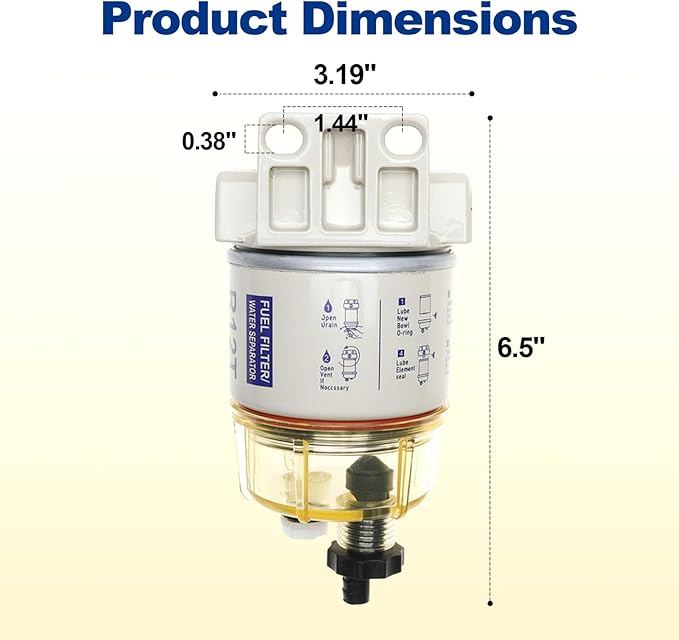 iFJF R12T Fuel Water Separator Marine Assembly - 10 Micron Diesel Engine Filter with 15 GPH Flow Rate - NPT ZG1/4-19 Ports 2 Fittings & 2 Plugs Replaces S3240 120AT 18-7987 for Boat Tractor Skid Steer