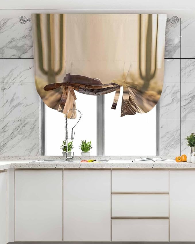 Tie Up Curtains for Windows, Cowboy Western Adjustable Balloon Nature Linen Textured Kitchen Curtain, Cowboy Hats Boots Desert Cacti Vintage Decorative Tie Up Curtain for Window, 52" x 45"