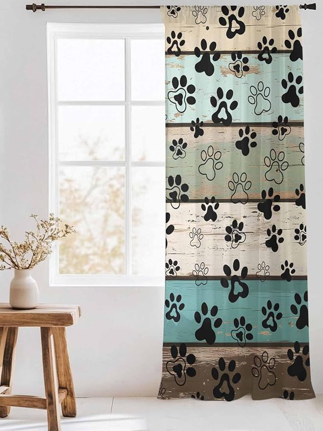 Sheer Curtains 84 Inches Long, Sage Green Brown Paw Prints Semi Sheer Curtains Light Filtering Window Treatment, Vintage Farmhouse Wooden Grain Privacy Voile Drapes for Living Room Bedroom 52x84 Inch