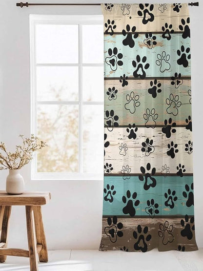 Sheer Curtains 84 Inches Long, Sage Green Brown Paw Prints Semi Sheer Curtains Light Filtering Window Treatment, Vintage Farmhouse Wooden Grain Privacy Voile Drapes for Living Room Bedroom 52x84 Inch