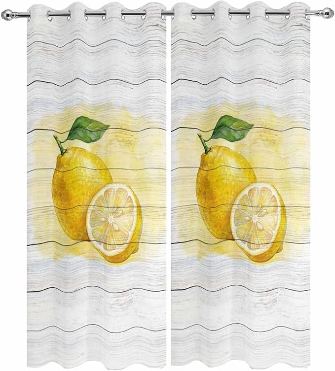 Lemons Yellow Summer Fruit Vintage Wood Outdoor Curtains for Patio Waterproof Outside Curtains with Grommet Top Weatherproof Curtain for Cabana Pergola Gazebo, 2 Pack, 54" W x 84" L