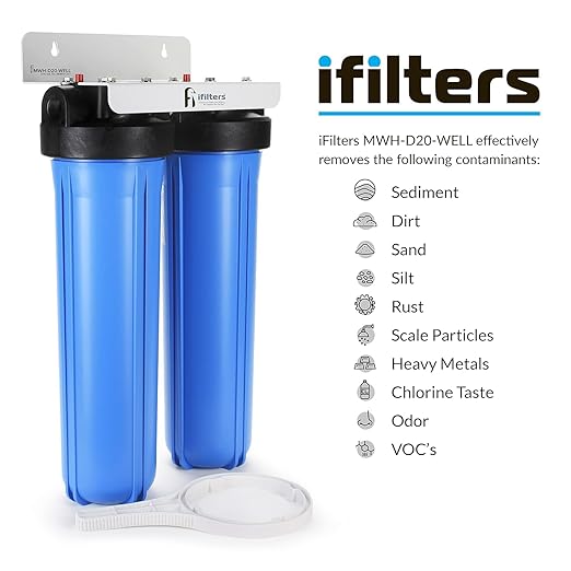 iFilters 2-Stage 20" Well Water Whole House Filtration Complete Commercial Grade System | Removes Sediment, Chlorine, Rust, Odor, Taste, Iron, Heavy Metals | Dual Stage with 1" Ports