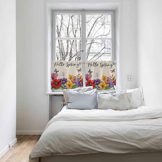 Spring Flowers Half Window Curtains 24 Inches Long, Farmhouse Vintage Country Colorful Floral Window Treatment Curtain Drapes, Short Curtains Tiers for Kitchen Over Sink, 27.5"x24", 2 Panels