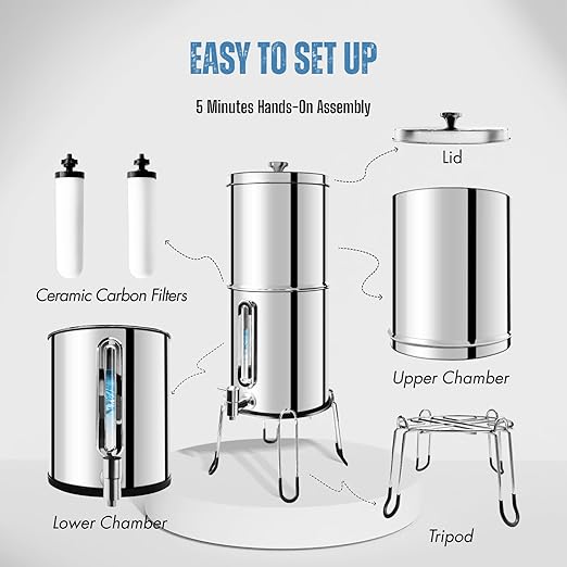 SINCHO 2.25G Gravity Water Filter with Level Window – 3-Stage Stainless Steel System, 2 Washable Ceramic Filters, No Electricity Needed