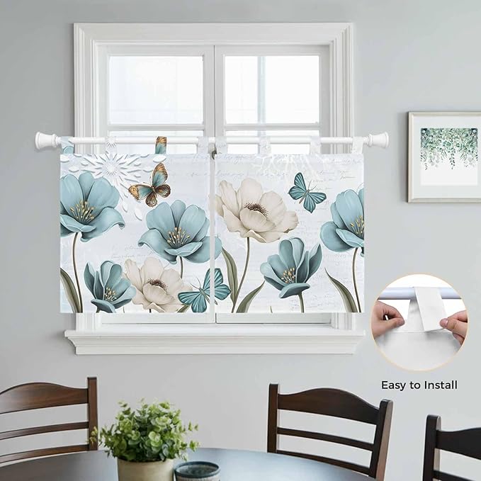 Blue Tulips Kitchen Curtains 36 Inch Length, Small Window Curtains Tab Top, Watercolor Flowers Butterfly Spring Farmhouse Blue Light Filtering Short Window Treatments Tier Drapes 27.5"x36" 2 Panel