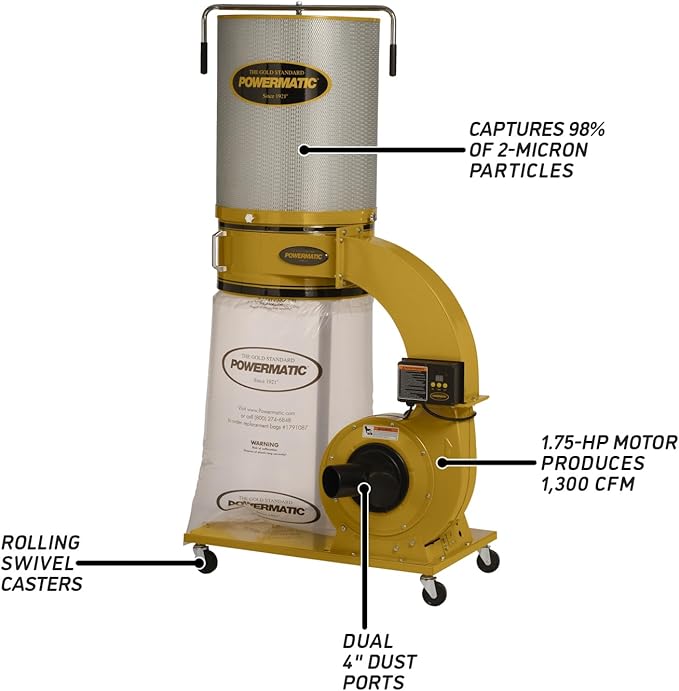 Powermatic TurboCone Dust Collector, 2-Micron Canister Filter, 1-3/4 HP, 115/230V 1Ph (PM1300TX-CK)