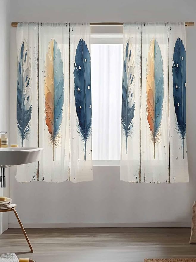 Sheer Curtains 72 Inches Long, Blue Brown Feathers Semi Sheer Curtains Light Filtering Window Treatment, Boho Ombre Vintage Wooden Grain Privacy Voile Drapes for Living Room Bedroom 52x72 Inch