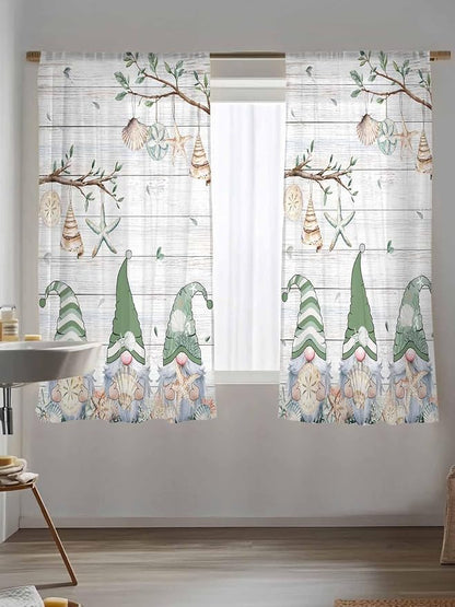 Sheer Curtains 72 Inches Long, Sage Green Gnomes Semi Sheer Curtains Light Filtering Window Treatment, Eucalypus Coastal Anchor Retro Wood Privacy Voile Drapes for Living Room Bedroom 52x72 Inch