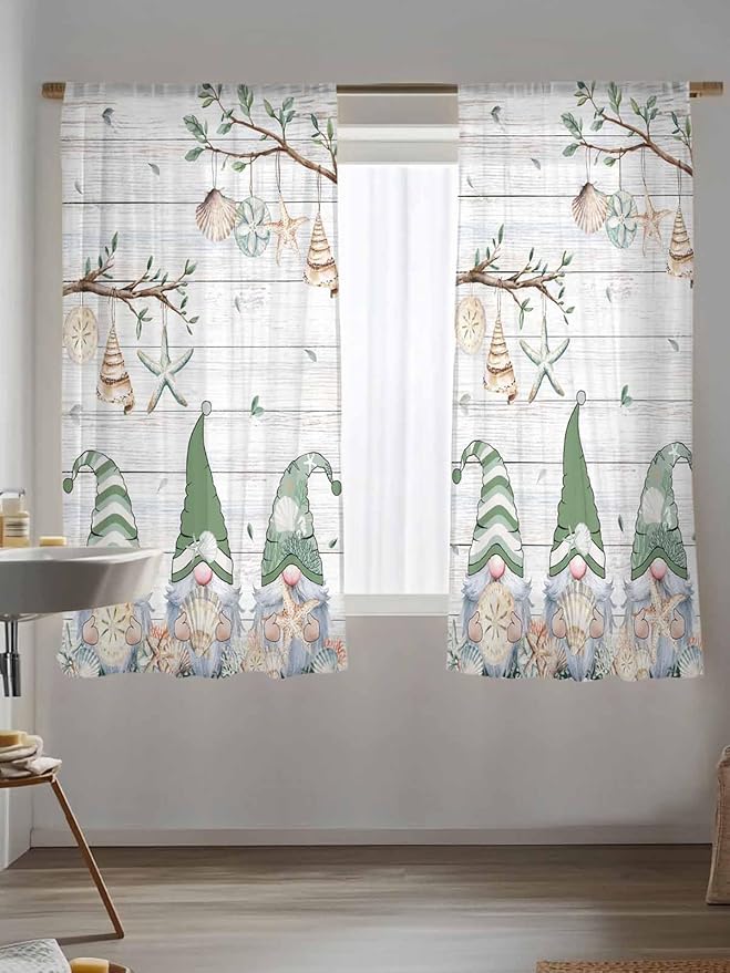 Sheer Curtains 63 Inch Length, Sage Green Gnomes Semi Sheer Curtains Light Filtering Window Treatment, Eucalypus Coastal Anchor Retro Wood Privacy Voile Drapes for Living Room Bedroom 52x63 Inch
