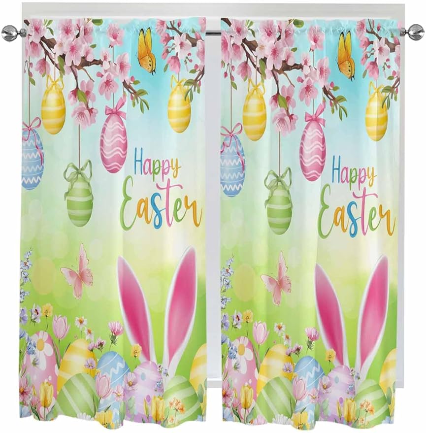 Easter Living Room Curtains 72 Inches length, Spring Bunny Colorful Rabbit Eggs Butterfly Blue Green Window Treatment Curtain Drapes, Light Filtering Drapes for Bedroom Laundry Room, 52"x72", 2 Panels