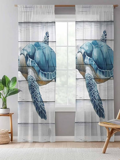 Sheer Curtains 96 Inches Long, Sea Turtle Blue Semi Sheer Curtains Light Filtering Window Treatment, Coastal Ocean Seaweed Wood Grain Privacy Voile Drapes for Living Room Bedroom 52x96 Inch