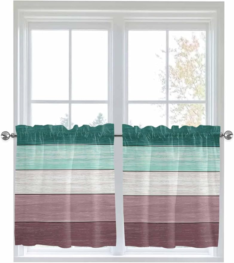 Retro Farm Woodcuts Texture Window Valance Curtains, Green Brown Gradient Light Filtering Kitchen Valance with 3-inch Rod Pocket for Living Room Bathroom Bedroom,2 Panel,27.5x24In