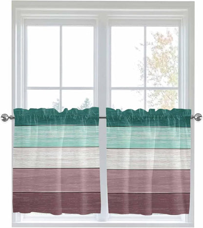 Retro Farm Woodcuts Texture Window Valance Curtains, Green Brown Gradient Light Filtering Kitchen Valance with 3-inch Rod Pocket for Living Room Bathroom Bedroom,2 Panel,27.5x24In