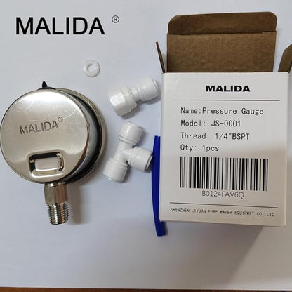 Malida Stainless Water Pressure Test Gauge, Water Pressure Detector for Aquarium Meter 0-1.6MPa 0-220psi Reverse Osmosis System Pump with 1/4.