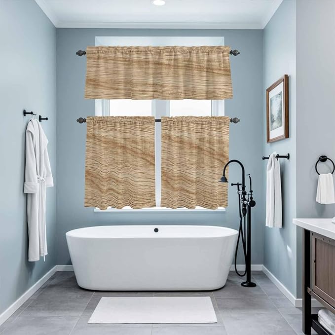 Kitchen Curtains Tiers and Valance Set of 3, Country Farmhouse Light Filtering Window Curtain Set, Vintage Brown Wooden Grain Rod Pocket Curtain Drapes for Cafe, Living Room, 24 Inches Tiers