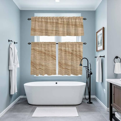 Kitchen Curtains Tiers and Valance Set of 3, Country Farmhouse Light Filtering Window Curtain Set, Vintage Brown Wooden Grain Rod Pocket Curtain Drapes for Cafe, Living Room, 24 Inches Tiers