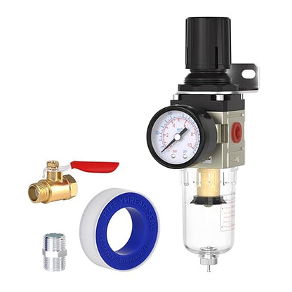 AIRZOE 1/4"NPT Air Filter Regulator Combo Piggyback,5 Micron Brass Element, Manual Drain,Air Pressure Regulator AW2000-02,0-150 psi Gauge