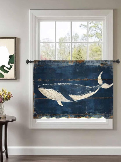 Sheer Curtains 45 Inch Length, Summer Whale Blue Semi Sheer Curtains Light Filtering Window Treatment, Coastal Ocean Vintage Wooden Grain Privacy Voile Drapes for Living Room Bedroom 52x45 Inch