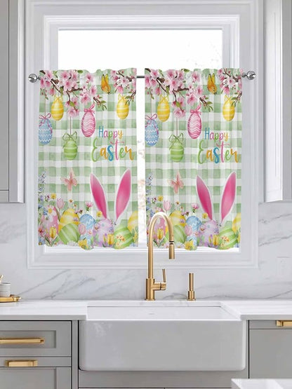 Happy Easter Tier Curtains 45 Inches Long, Spring Bunny Eggs Flower Sage Green Plaid Window Treatment Curtain Drapes, Small Curtain Drapes for Bathroom Laundry Room, 27.5"x45", 2 Panels