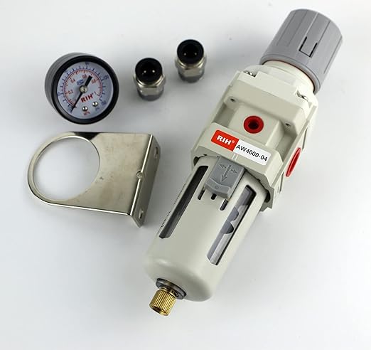 RIH Pneumatics 1/2"NPT Air Filter Pressure Regulator Combo Piggyback, 5 Micron Brass Element, Poly Bowl, Semi-Auto Drain, Metal Bracket, 0-150 psi Gauge Air Tool Compressor Filter with Gauge (1/2"NPT)