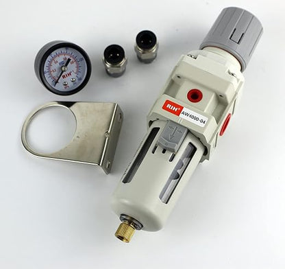 RIH Pneumatics 1/2"NPT Air Filter Pressure Regulator Combo Piggyback, 5 Micron Brass Element, Poly Bowl, Semi-Auto Drain, Metal Bracket, 0-150 psi Gauge Air Tool Compressor Filter with Gauge (1/2"NPT)