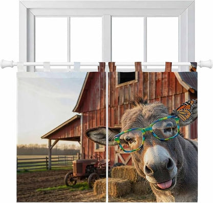 Farm Donkeys Bedroom Curtains 63 Inch Length, Window Curtains Tab Top, Farmhouse Barn Funny Animals Butterfly Light Filtering Window Treatments Drapes 42"x63" 2 Panel