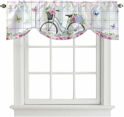 Spring Tie Up Valance Curtains for Windows, Kitchen Curtains Window Shades, Bicycles Botanical Leaves Rose Colorful Stripes Light Filtering Roman Curtain Valances for Bedroom/Bathroom/Cafe 60"x18"
