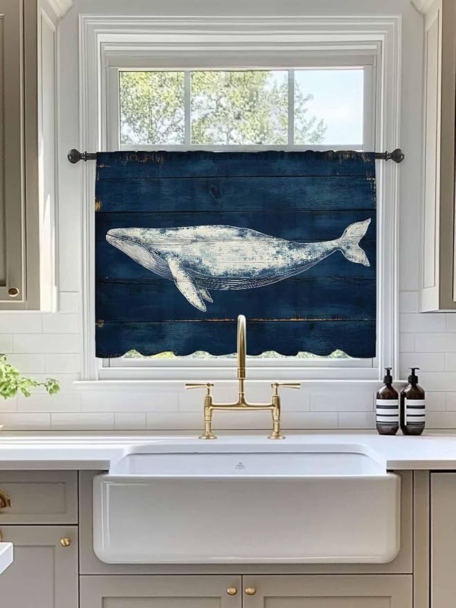 Sheer Curtains 45 Inch Length, Summer Whale Semi Sheer Curtains Light Filtering Window Treatment, Ocean Watercolor Wooden Grain Blue Privacy Voile Drapes for Living Room Bedroom 52x45 Inch