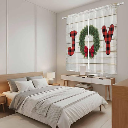 Christmas Wreaths Window Curtains 63 Inch Long 2 Panel Set, Rod Pocket Bedroom Curtains & Drapes, Winter Bow Plaid Farmhouse Wooden Grain Light Filtering Window Treatment for Living Room 42"W x 63"L
