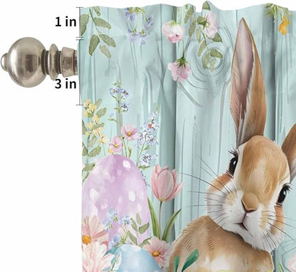 Kitchen Curtains Tiers and Valance Set of 3, Easter Light Filtering Window Curtain Set, Spring Rabbit Eggs Flowers Leaf Green Wooden Plank Rod Pocket Curtain Drapes for Living Room, 36 Inches Tiers