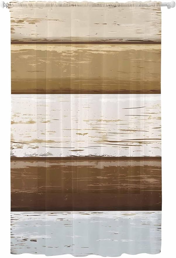 Sheer Curtains 84 Inches Long, Wood Grain Brown Semi Sheer Curtains Light Filtering Window Treatment, Farmhouse Vintage Country Geometric Privacy Voile Drapes for Living Room Bedroom 52x84 Inch