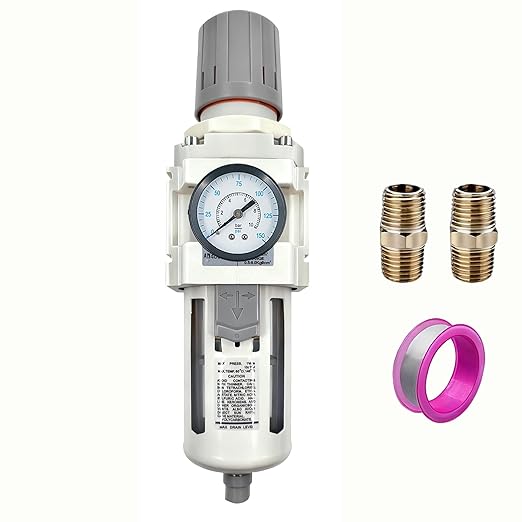 XingNEeng 3/4" NPT Compressed Air Filter Regulator Combo Piggyback, Water/Oil Trap Separator with Pressure Gauge(0-150 psi), Semi-Auto Drain, Poly Bowl, 5 Micron Brass Element, Metal Bracket