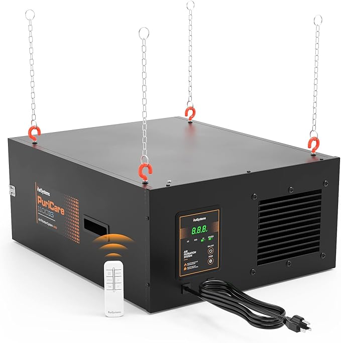 Purisystems Air Filtration System 3-Speed Remote, Built-in Ionizer, PuriCare 1100IG Hanging Air Filter w/RF Remote for Woodworking, Garage, Shop Dust Collector, up to 1100 sq. ft (1100 CFM)