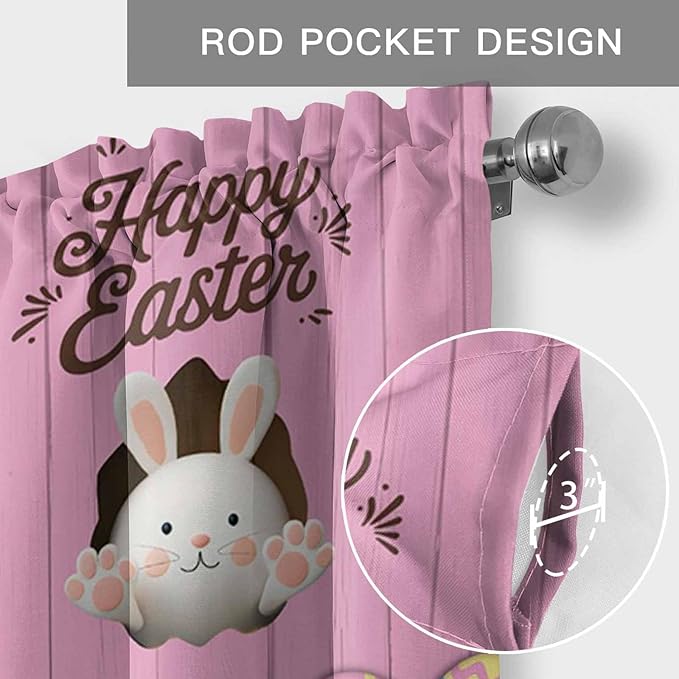 Pink Easter Curtain Valances for Windows, Kitchen Valance Window Treatment, Easter Bunny Eggs Spring Cartoon Farmhouse Wood Grain Light Filter Block Curtains for Bathroom/Bedroom/Living Room 42''x18''