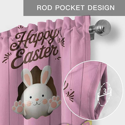 Pink Easter Curtain Valances for Windows, Kitchen Valance Window Treatment, Easter Bunny Eggs Spring Cartoon Farmhouse Wood Grain Light Filter Block Curtains for Bathroom/Bedroom/Living Room 42''x12''