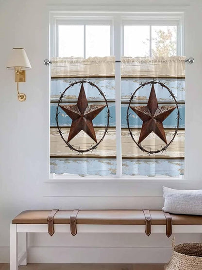 Vintage Western Star on Wood Grain Window Valance Curtains, Retro Wooden Texture Light Filtering Kitchen Valance with 3-inch Rod Pocket for Living Room Bathroom Bedroom,2 Panel,42x54In