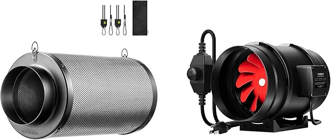 VIVOSUN 8 Inch 720 CFM Inline Fan and 8 Inch Air Carbon Filter Smelliness Control with Australia Virgin Charcoal for Inline Fan, Grow Tent Smelliness Scrubber, Pre-Filter Included