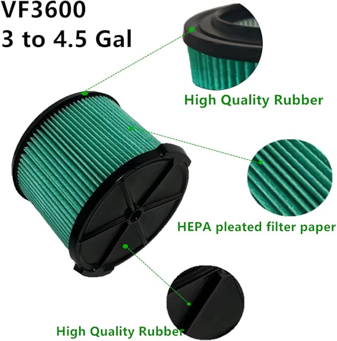 2 PACK yamoutai VF3600 HEPA Material Pleated Paper Wet/Dry Vac Replacement Cartridge Filter Compatible with Most 3 to 4.5 Gal Shop Vacuums