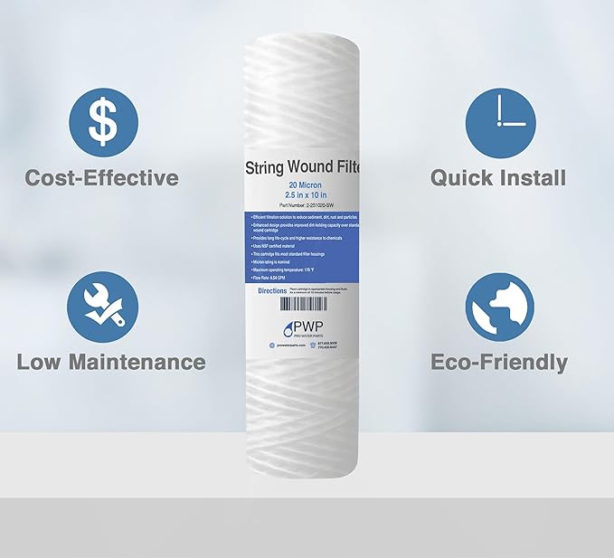 Sediment String Wound Water Filter Cartridge Standard 2.5x10" 20 Micron 25 Pack