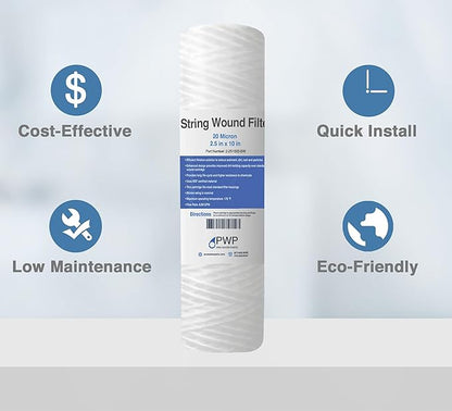 Sediment String Wound Water Filter Cartridge Standard 2.5x10" 20 Micron 25 Pack