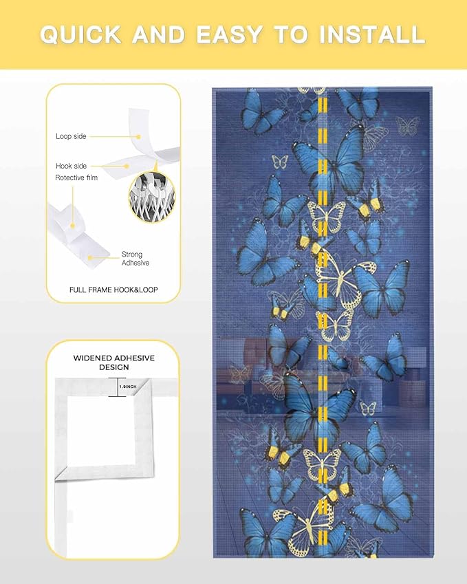 Screen Door 38"x83" Blue Butterfly Door Screen Magnetic Closure, Yellow Navy Blue Butterfly Art Hands Free Magnetic Screen Door for Single/Sliding/Front Door