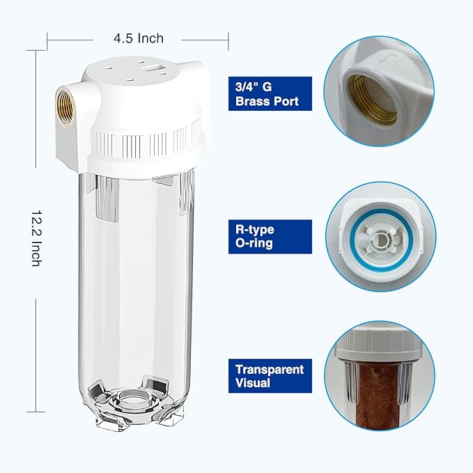Whole House/RV Water Filter Housing Clear, 10" X 2.5" Inline Sediment Water Filter for RV, Home, Garden, Aquarium, Maple Syrup RO System, 3/4" NPT Brass Port,R-Type O-Ring,Heavy Duty Bracket-1025CBH
