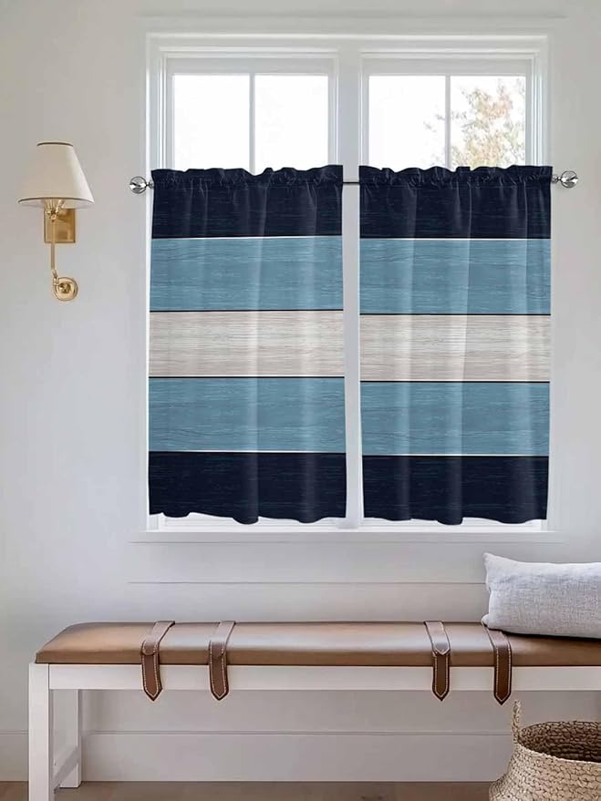 Vintage Country Woodcuts Window Valance Curtains, Blue Gradient Striped Light Filtering Kitchen Valance with 3-inch Rod Pocket for Living Room Bathroom Bedroom,2 Panel,52x45In
