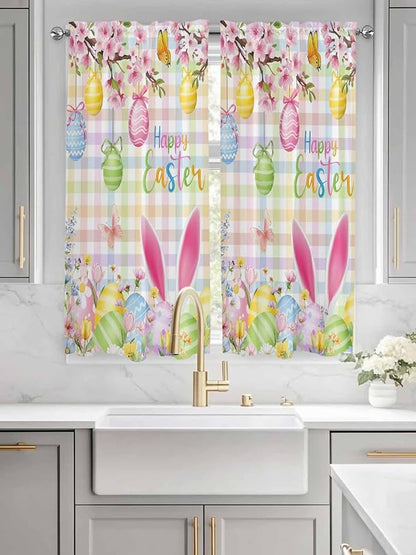 Happy Easter Bedroom Curtains 63 Inches length, Spring Bunny Colorful Eggs Flower Plaid Window Treatment Curtain Drapes, Rod Pocket Curtain Panels for Living Room Kitchen, 42"x63", 2 Panels