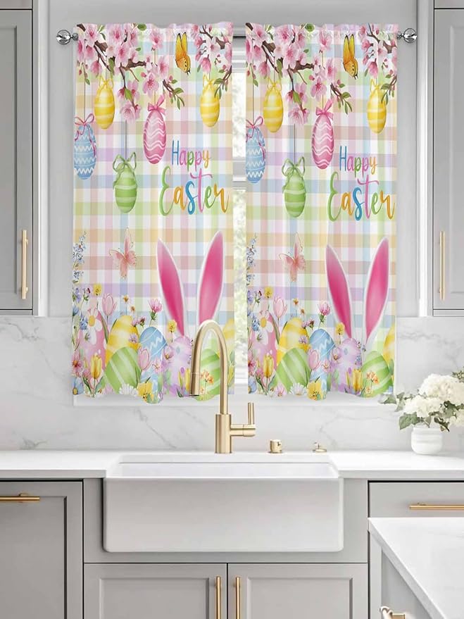 Happy Easter Living Room Curtains 72 Inches length, Spring Bunny Colorful Eggs Flower Plaid Window Treatment Curtain Drapes, Light Filtering Drapes for Bedroom Laundry Room, 52"x72", 2 Panels