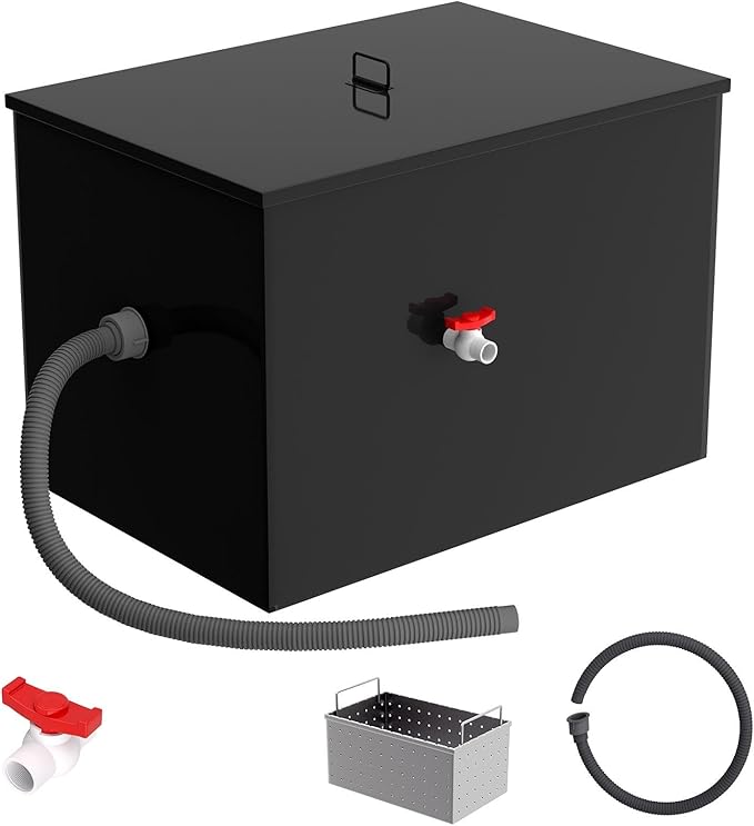 40 LBS Grease Trap Commercial Carbon Steel Grease Interceptor, 15 GPM Flow Rate Under Sink Model, Dual Filter Tube for Restaurant Home Kitchen Food Processing Wastewater Separation