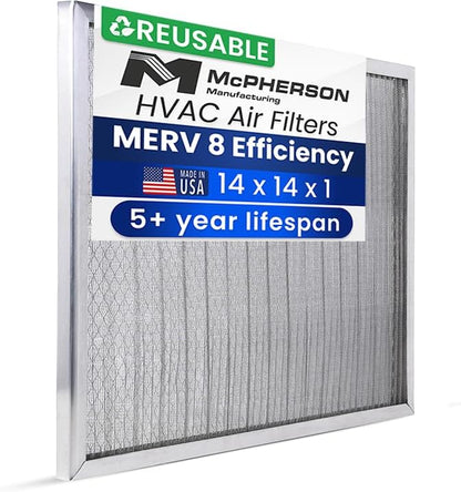 McPherson Reusable Air Filter 14x14x1 | Washable MERV 8 | Made in USA Metal Frame | HVAC AC Furnace | Permanent | Pet Dust Filtration