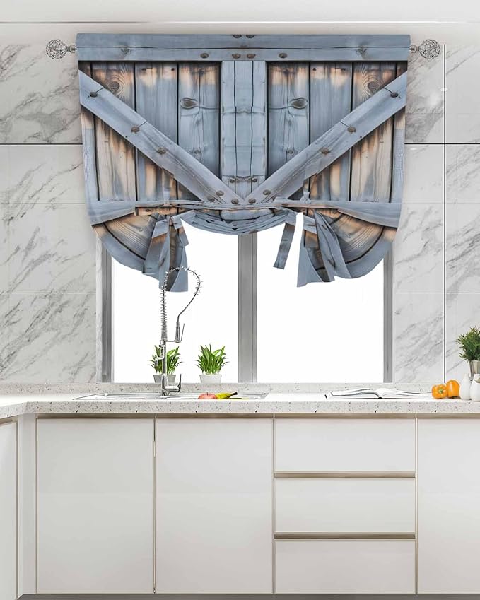 Tie Up Curtains for Windows, Farmhouse Wood Grain Adjustable Balloon Nature Linen Textured Kitchen Curtain, Vintage Country Barn Gate Textured Thermal Insulated Curtains for Window, 42" x 54"