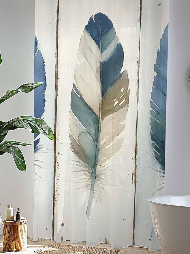 Sheer Curtains 108 Inches Long, Boho Blue Feathers Semi Sheer Curtains Light Filtering Window Treatment, Farmhouse Vintage Wooden Grain Privacy Voile Drapes for Living Room Bedroom 52x108 Inch