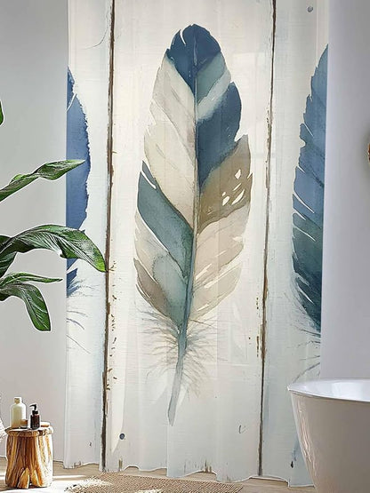 Sheer Curtains 108 Inches Long, Boho Blue Feathers Semi Sheer Curtains Light Filtering Window Treatment, Farmhouse Vintage Wooden Grain Privacy Voile Drapes for Living Room Bedroom 52x108 Inch